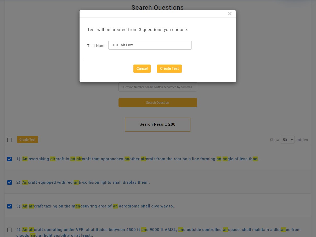 question search custom test